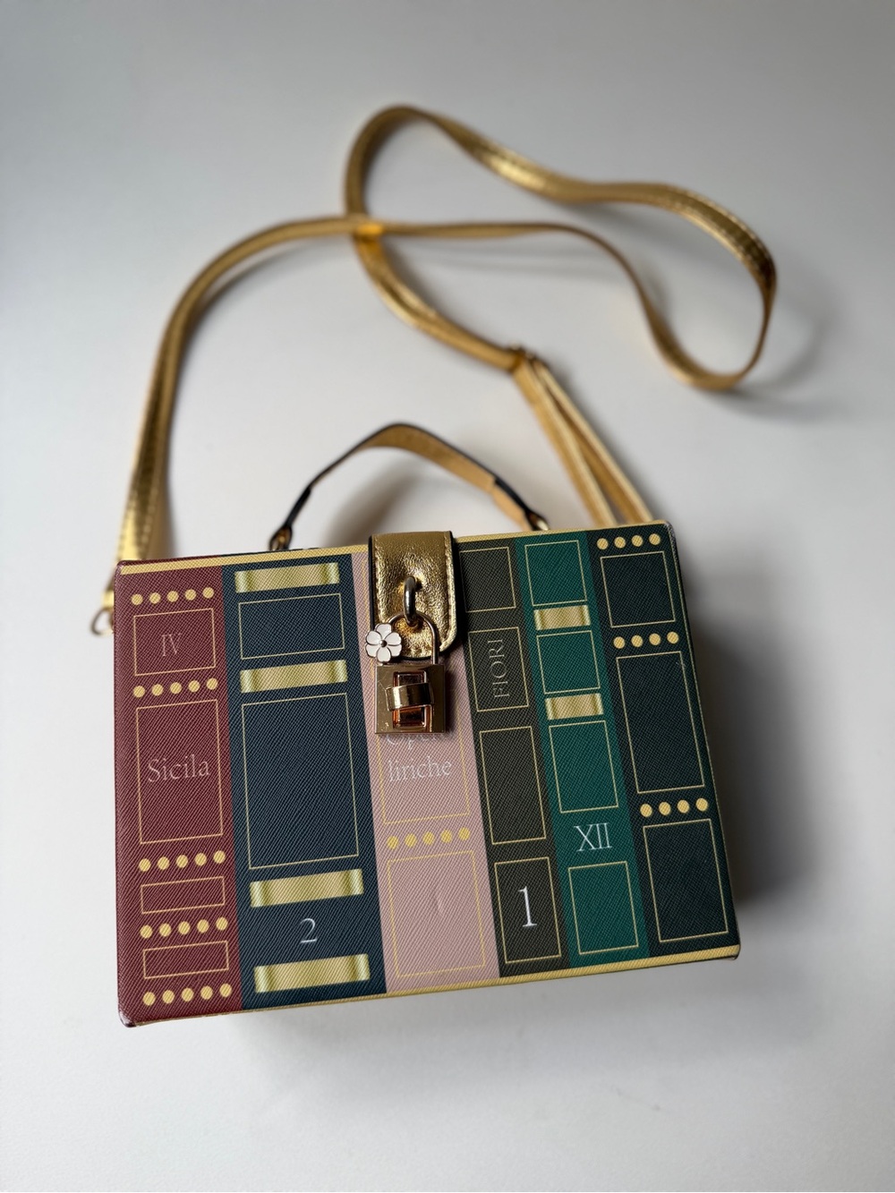 Book Box Crossbody Bag in Green, Burgundy, Blush & Gold - Picture 2 of 15